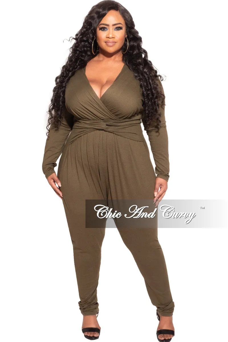 Flexible Layer Final Sale Plus Size Harem Twist Front Jumpsuit in Olive