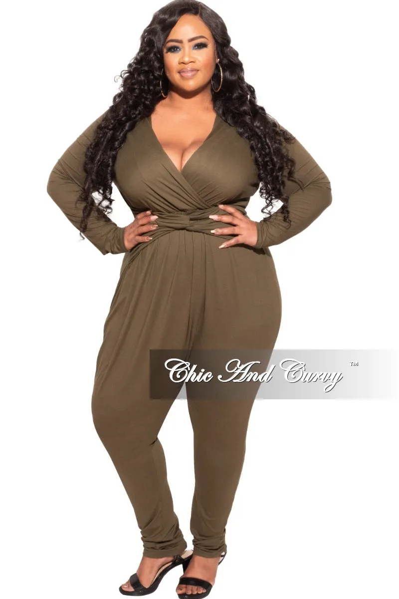 Final Sale Plus Size Harem Twist Front Jumpsuit in Olive Lightweight Wear Sport Friendly