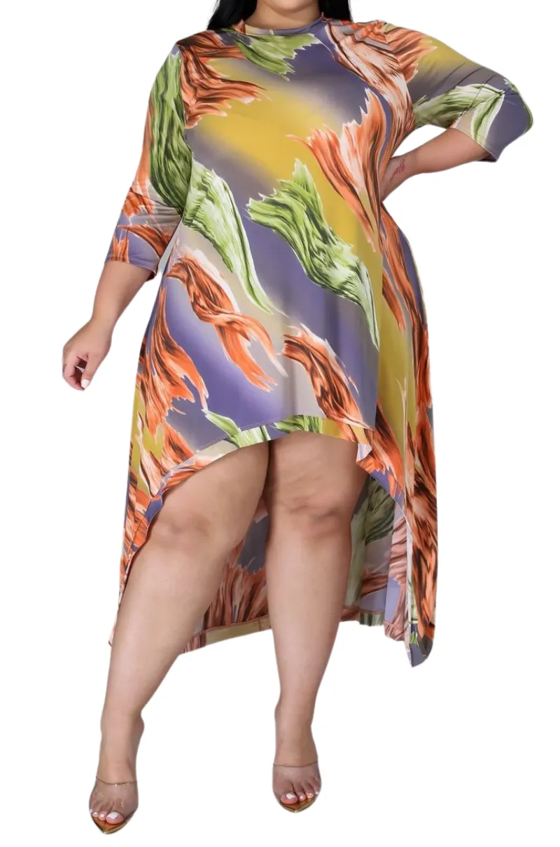 Quick Flex Comfortable Look Final Sale Plus Size Hi-Low Dress in Multi-Color Print