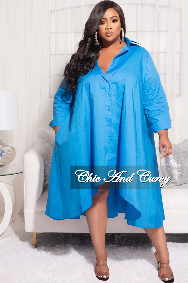 Chilly Comfort Effortless Layer Final Sale Plus Size Hi-Low Shirt Dress in Blue