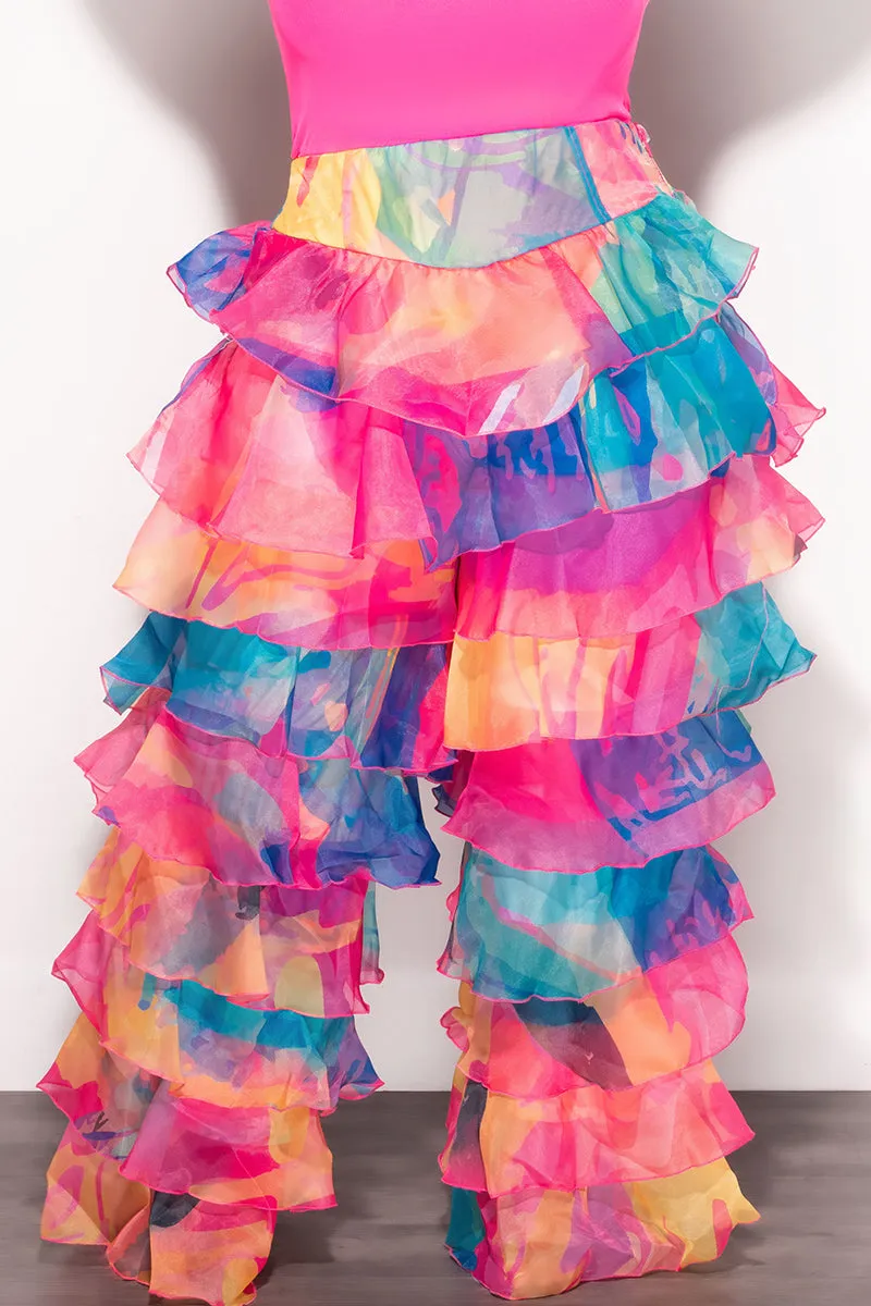 smooth zipper Versatile Waist Final Sale Plus Size High Waist Chiffon Ruffle Pants in Multi-Color Print