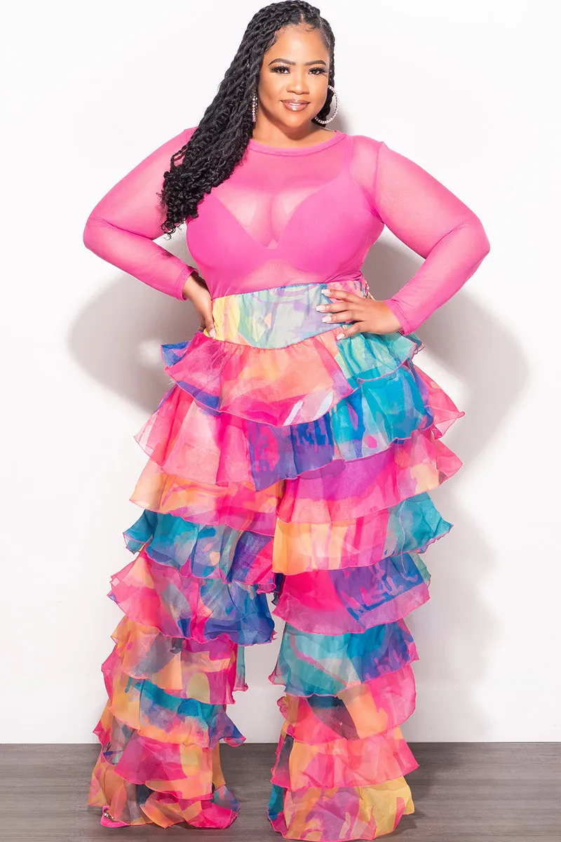 Breathable mesh lining Final Sale Plus Size High Waist Chiffon Ruffle Pants in Multi-Color Print