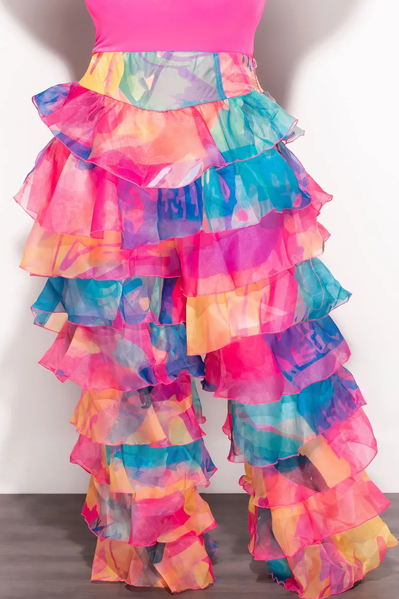 Lightweight Fit Final Sale Plus Size High Waist Chiffon Ruffle Pants in Multi-Color Print