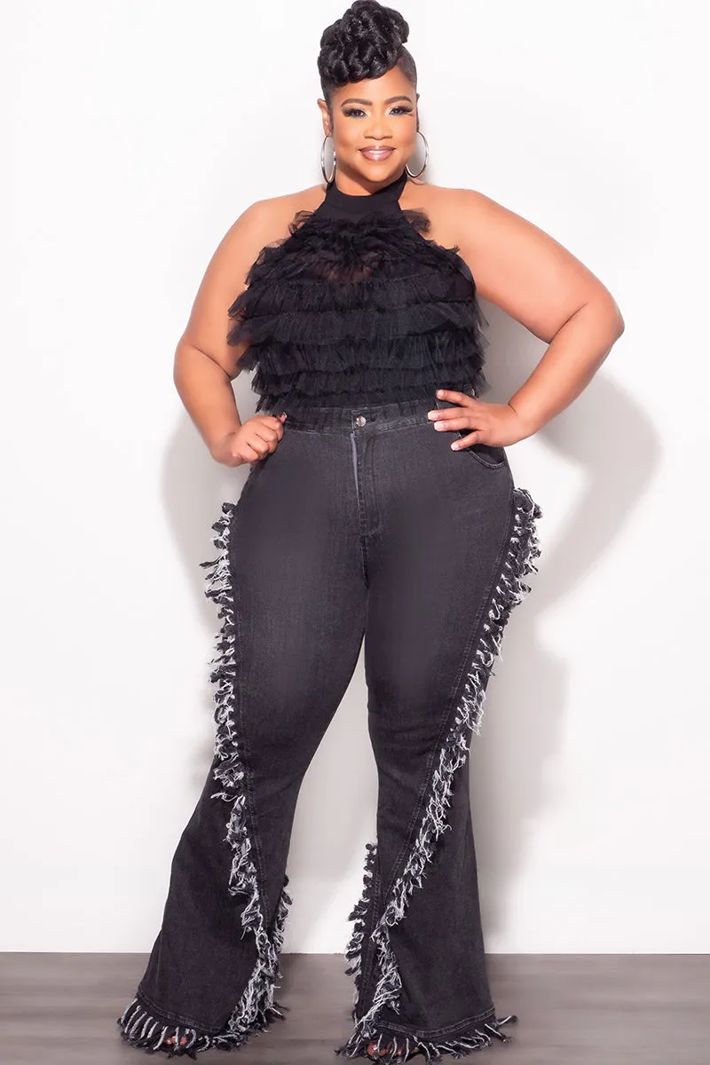 Final Sale Plus Size High Waist Fringe Trim Denim Jeans in Black Gripper Waistband BreathableFabric