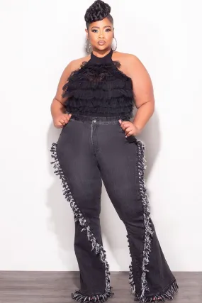 Final Sale Plus Size High Waist Fringe Trim Denim Jeans in Black No Ride Fit Freedom Move