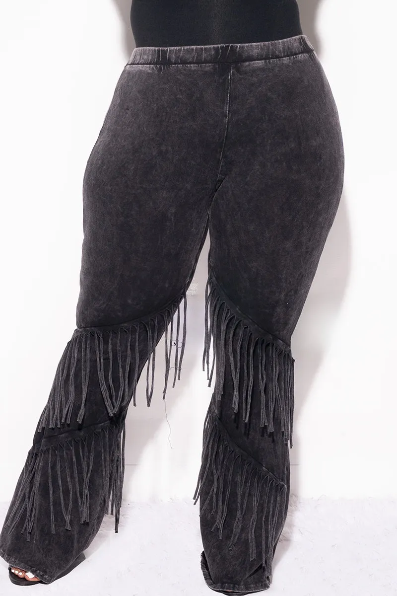 Final Sale Plus Size High Waist Fringe Trim Pants in Black Mineralize Fabric Tough Stretch