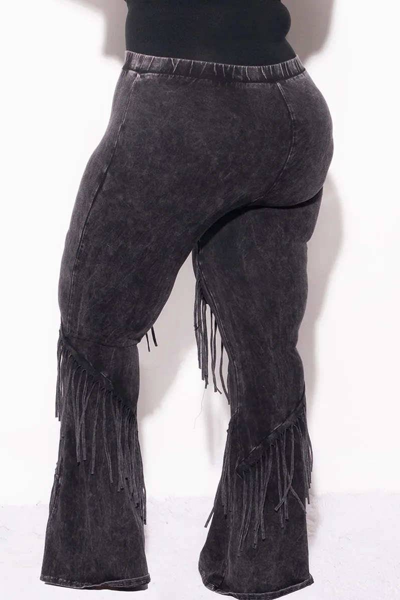 Final Sale Plus Size High Waist Fringe Trim Pants in Black Mineralize Fabric wrinkle free