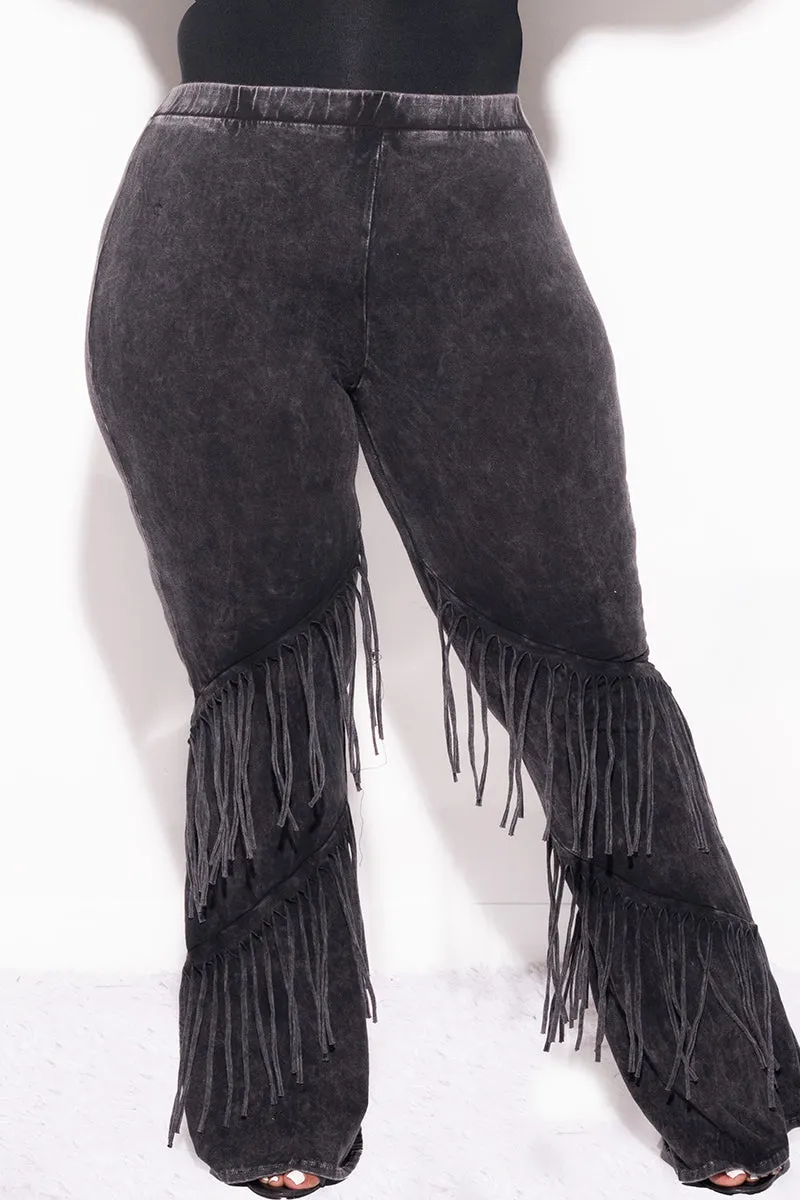 Final Sale Plus Size High Waist Fringe Trim Pants in Black Mineralize Fabric Ultra Stretch Casual Chic Look