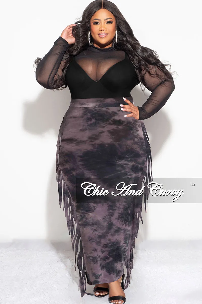 Final Sale Plus Size High Waist Fringe Trim Pencil Skirt in Black and Purple Tie Dye Print Odor control Go Anywhere