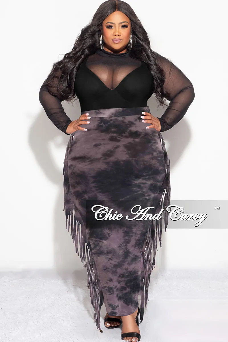 EcoFriendlyBlend Final Sale Plus Size High Waist Fringe Trim Pencil Skirt in Black and Purple Tie Dye Print