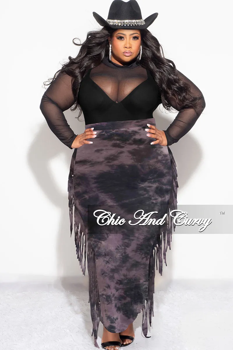 Final Sale Plus Size High Waist Fringe Trim Pencil Skirt in Black and Purple Tie Dye Print FlexibleMobilityDesign