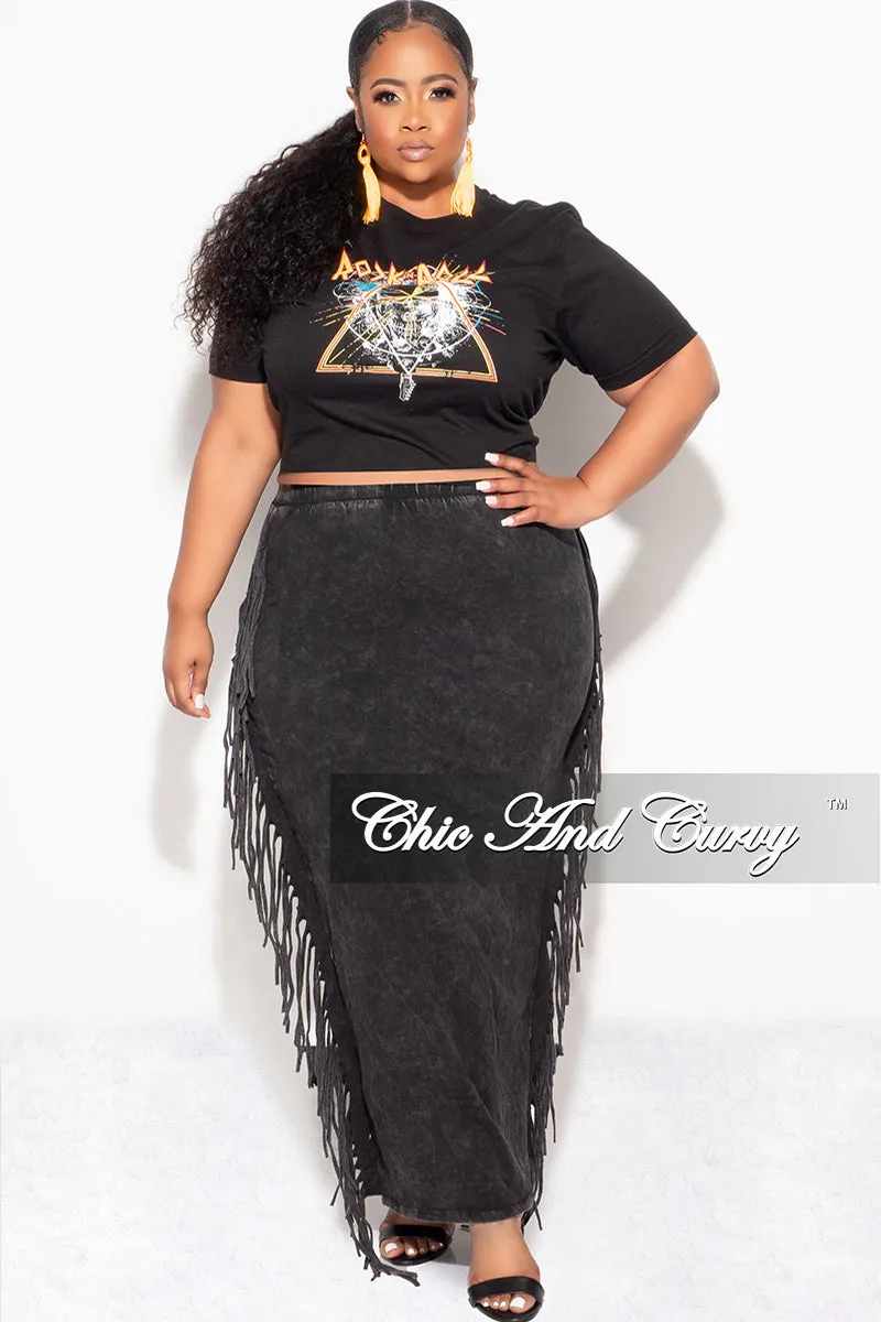 Final Sale Plus Size High Waist Fringe Trim Pencil Skirt in Black Ultra Soft Texture