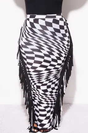 Final Sale Plus Size High Waist Fringe Trim Pencil Skirt in Checkered Print SnagFreeFabric