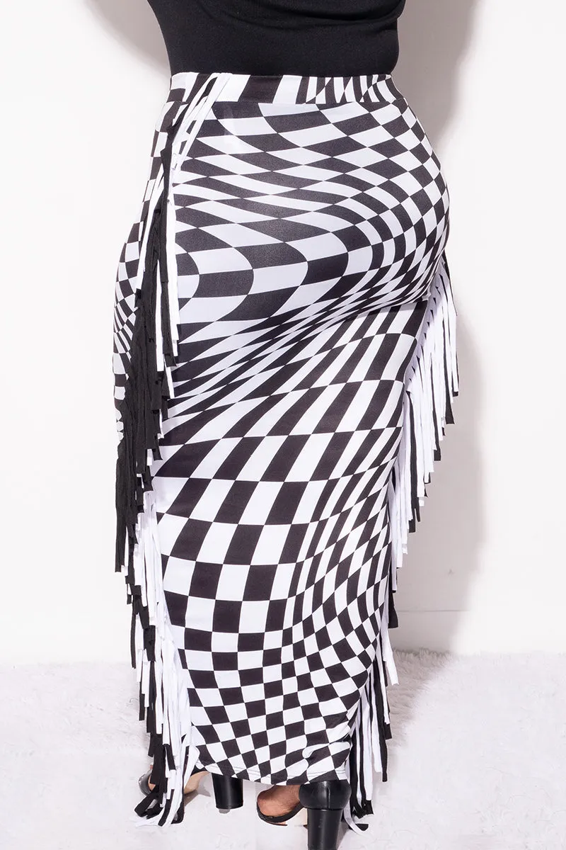 Clean Finish Final Sale Plus Size High Waist Fringe Trim Pencil Skirt in Checkered Print