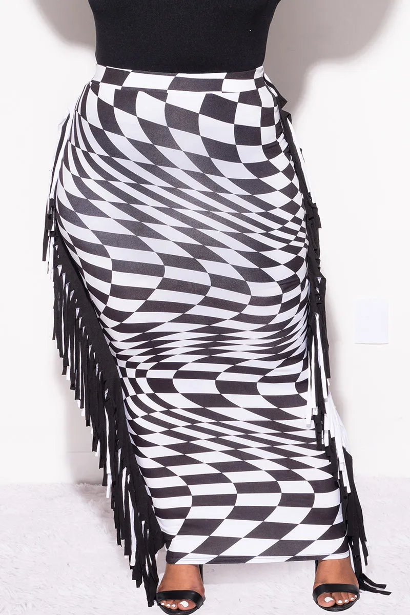 Slim Look Flexible Use Final Sale Plus Size High Waist Fringe Trim Pencil Skirt in Checkered Print