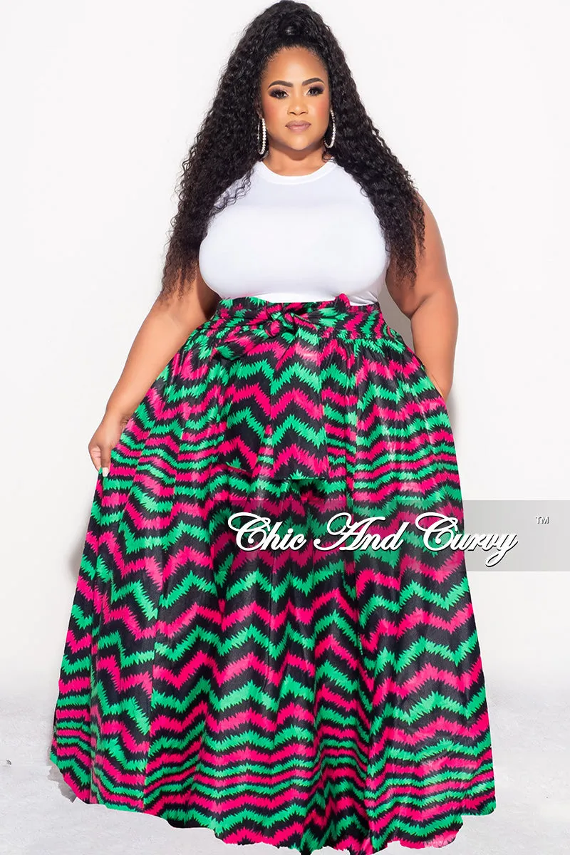 Final Sale Plus Size High Waist Maxi Skirt with Tie in Fuchsia Green and Navy Zig Zag Print Soft Brush Lining