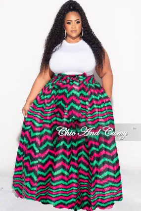 Final Sale Plus Size High Waist Maxi Skirt with Tie in Fuchsia Green and Navy Zig Zag Print Soft Brush Lining