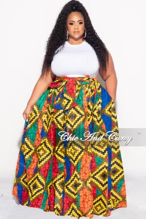 Final Sale Plus Size High Waist Maxi Skirt with Tie in Multi Color Checker Deign Print No Frills Fit Wear Resistant Fabric