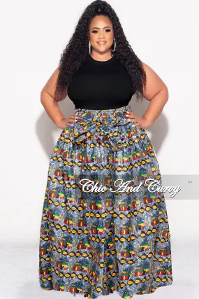 Final Sale Plus Size High Waist Maxi Skirt with Tie in Multi Color Design Print Durable Fit ExpandableSidePanels