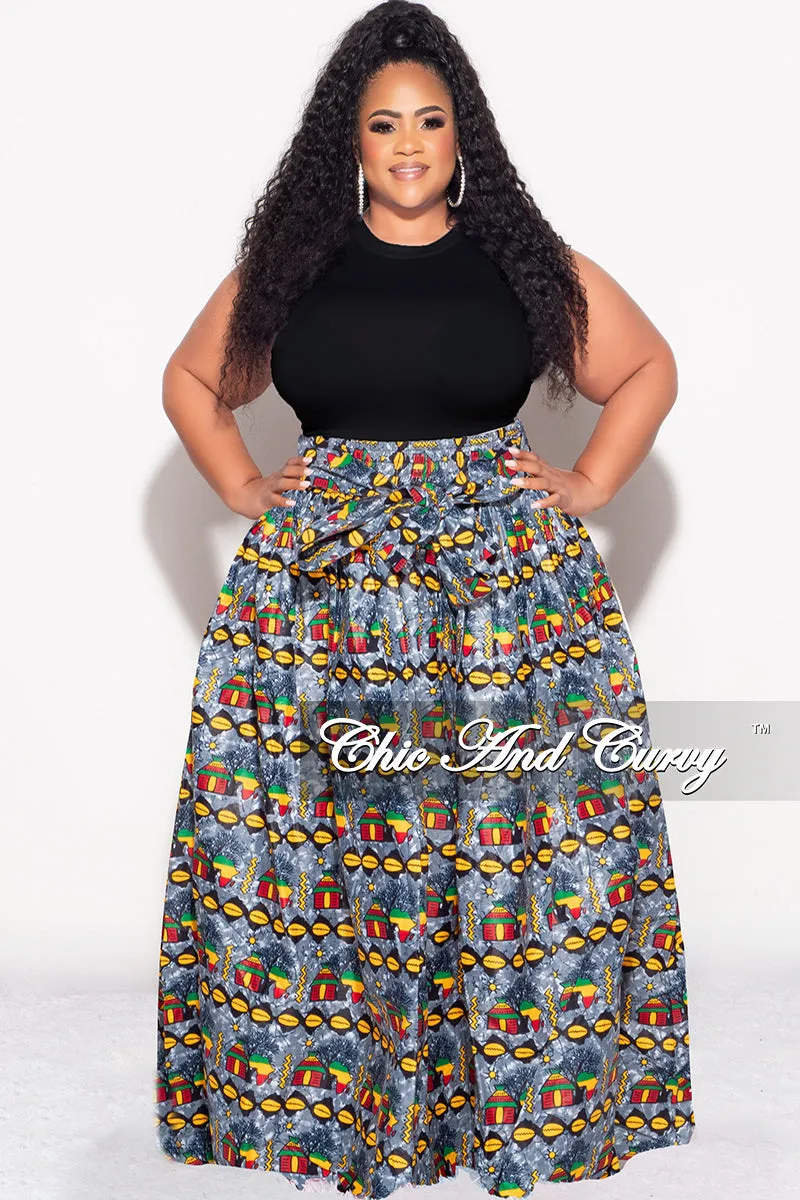 Chic Comfort Breathable Layer Final Sale Plus Size High Waist Maxi Skirt with Tie in Multi Color Design Print