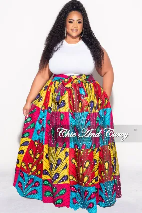 Final Sale Plus Size High Waist Maxi Skirt with Tie in Multi Color Design Print Quick Flex