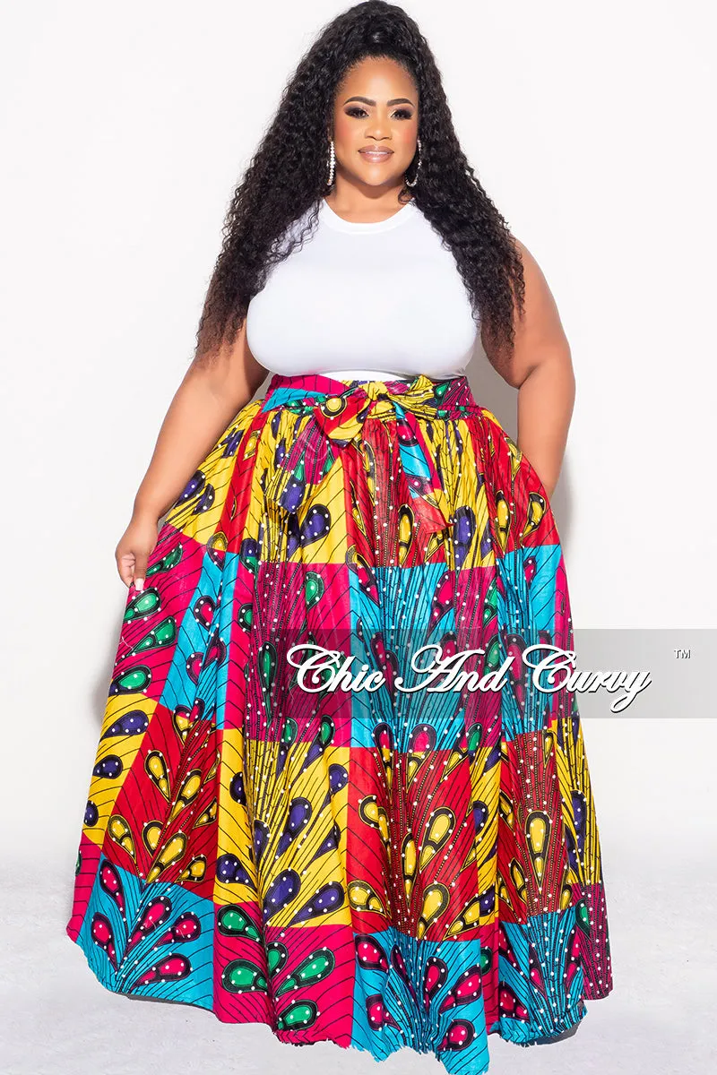 Final Sale Plus Size High Waist Maxi Skirt with Tie in Multi Color Design Print Movement Support Soft Wear