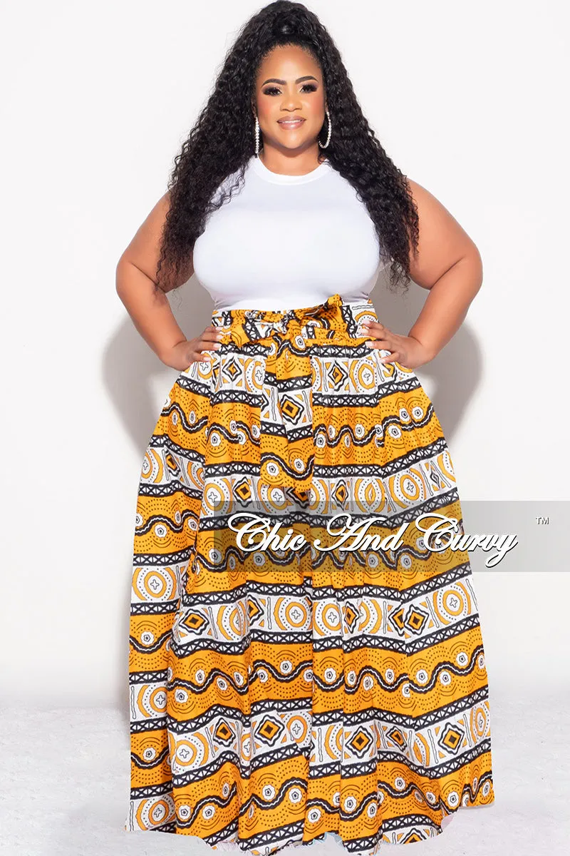 Final Sale Plus Size High Waist Maxi Skirt with Tie in Mustard Design Print WrinkleResistantMaterial Cool Weather