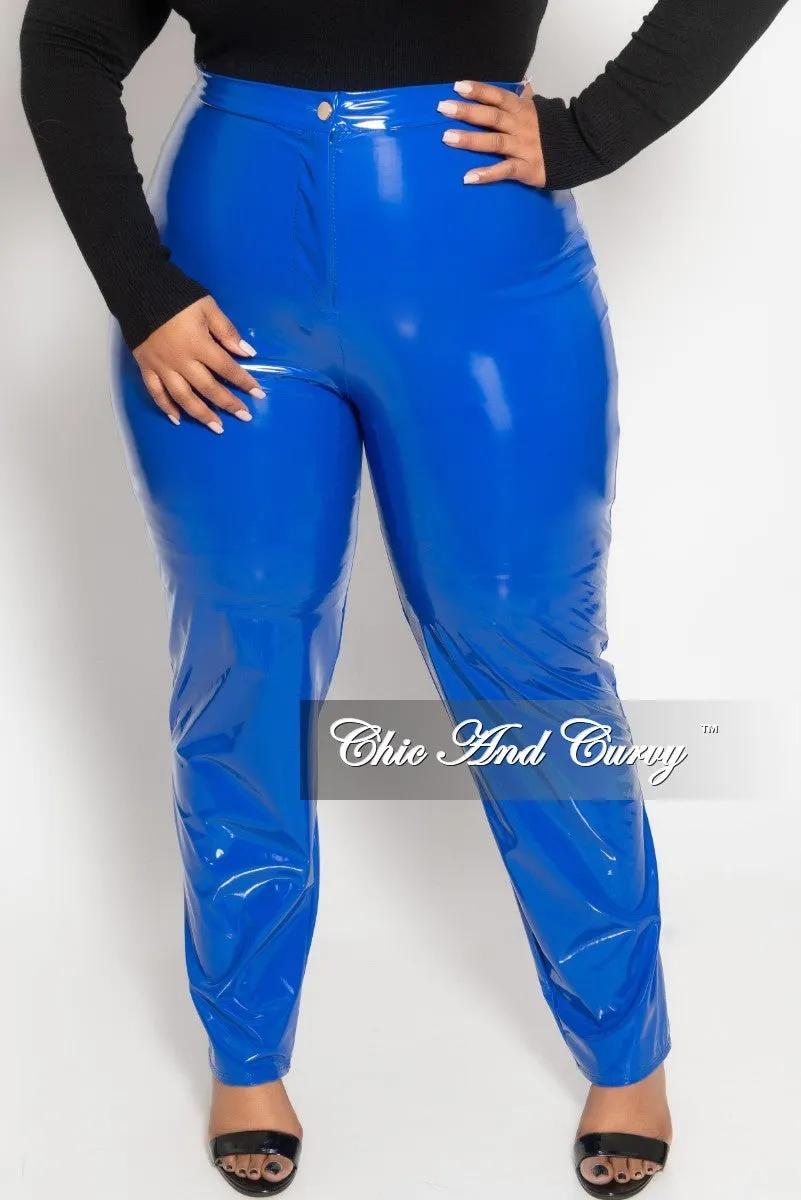 Final Sale Plus Size High Waist Patent Leather Pants with Front Gold Button in Royal Blue NonSlipInnerGrip