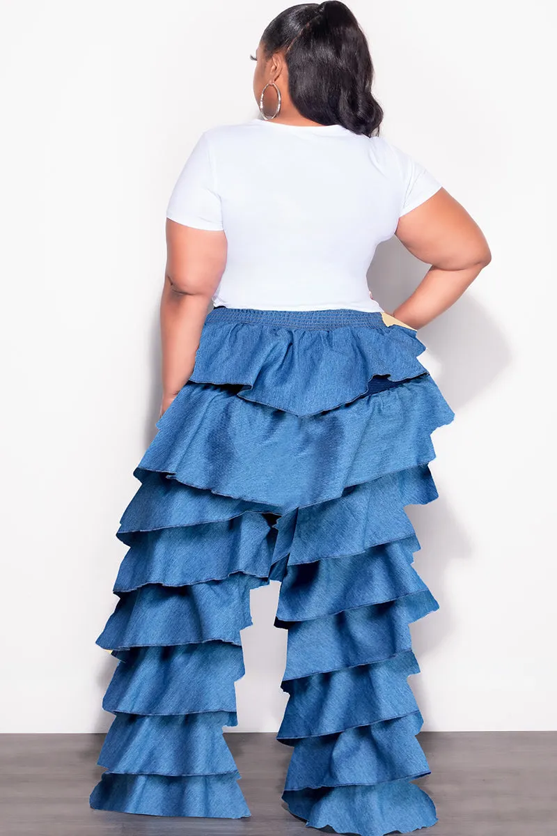 Final Sale Plus Size High Waist Ruffle Pants Chambray in Dark Denim Color breath easy