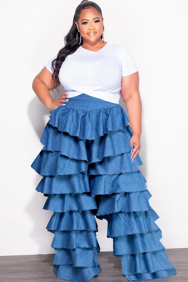 Final Sale Plus Size High Waist Ruffle Pants Chambray in Dark Denim Color Quick Wear Fit