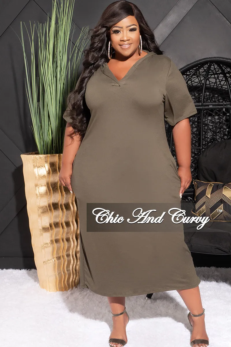 Final Sale Plus Size Hooded Midi Dress with Distress Back in Olive Layered Wear
