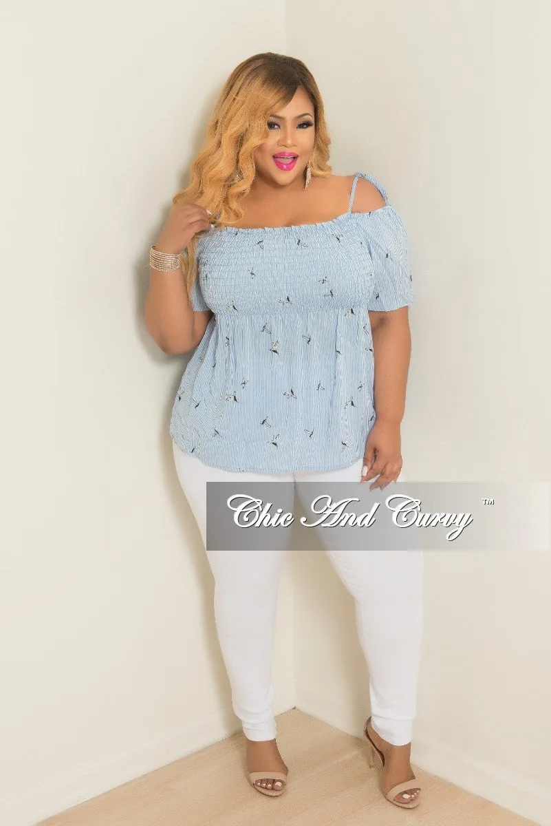 Final Sale Plus Size Hummingbird Stripe Printed Cold Shoulder Top in Powder Blue and White Active Layers AllDayComfort