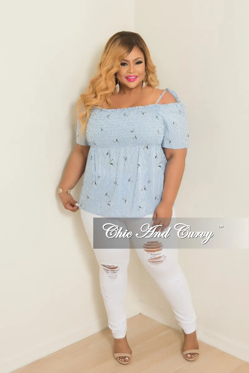 Core Flex LowProfileStitching Final Sale Plus Size Hummingbird Stripe Printed Cold Shoulder Top in Powder Blue and White