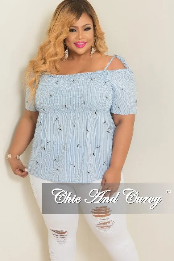 Final Sale Plus Size Hummingbird Stripe Printed Cold Shoulder Top in Powder Blue and White Tagless Labeling