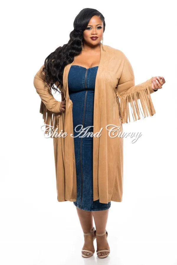 Final Sale Plus Size Jacket in Faux Suede with Fringe Sleeves and Slit Back in Camel Practical Style Flexible Gusset Design