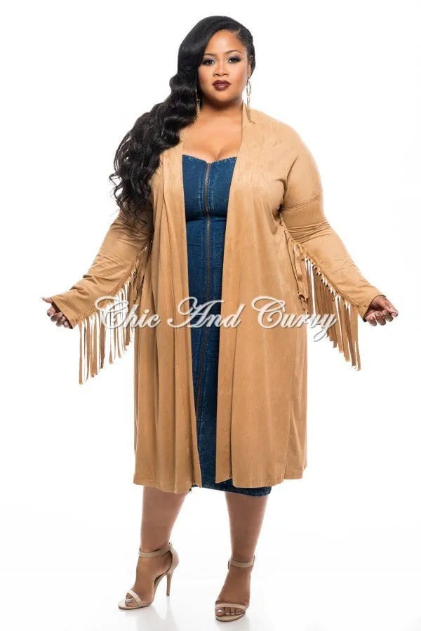 Cozy Movement Final Sale Plus Size Jacket in Faux Suede with Fringe Sleeves and Slit Back in Camel