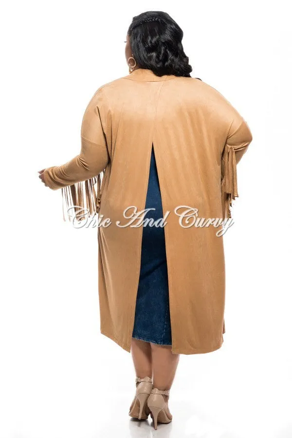 Performance Ready Quick Dry Technology Final Sale Plus Size Jacket in Faux Suede with Fringe Sleeves and Slit Back in Camel
