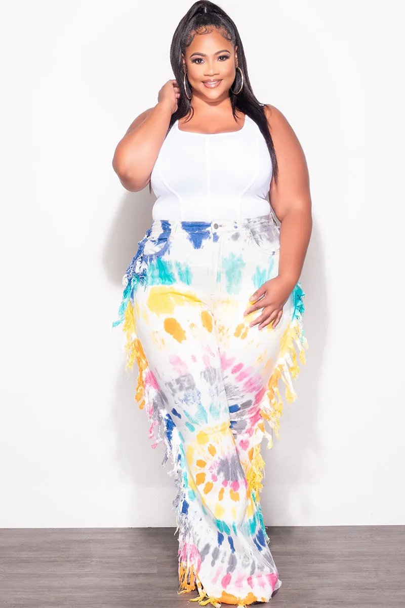 Final Sale Plus Size Jean with Fringe Trim in Multi Color Tie Dye Print Practical Look ReinforcedStitching