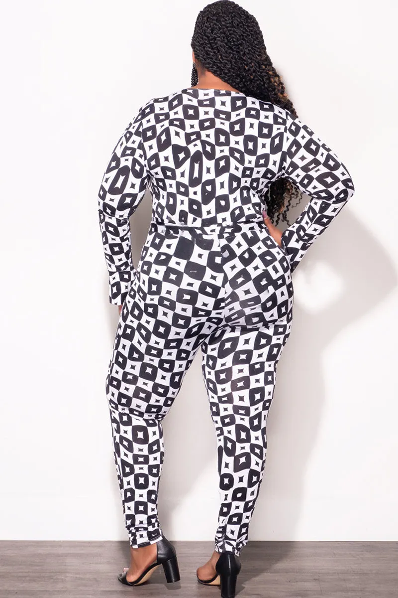 Light and Cozy Final Sale Plus Size Jumpsuit with Faux Wrap in Black & White Diamond Print