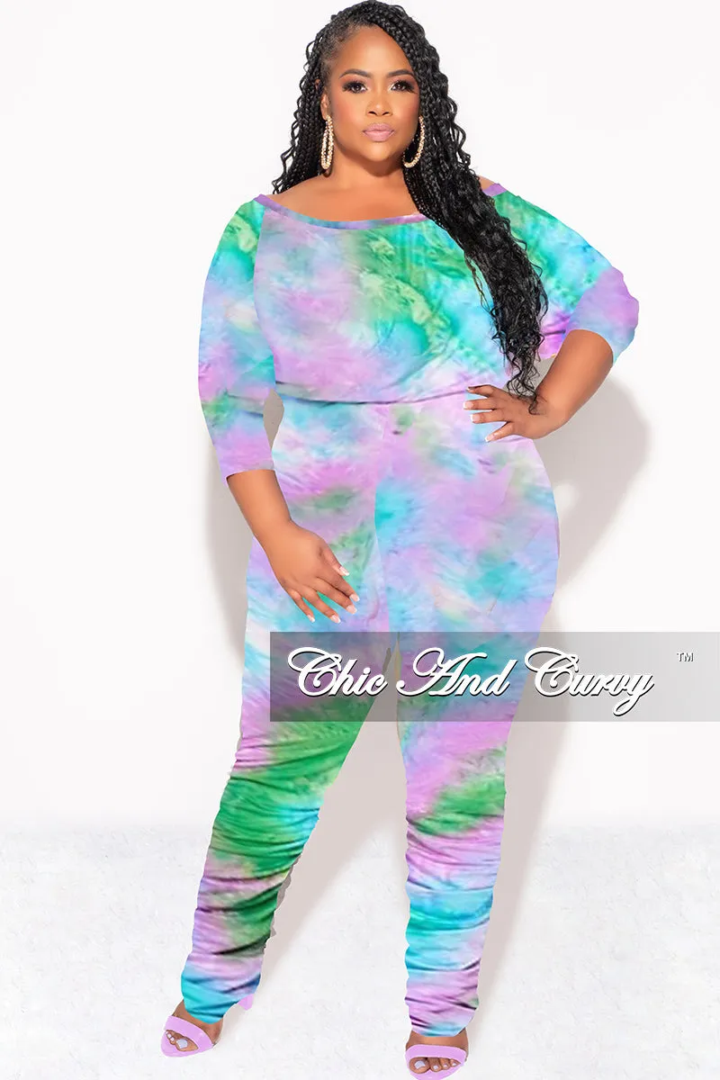 Final Sale Plus Size Jumpsuit with Ruched Legs in Purple, Green & Blue Tie Dye Minimalist Waist Windproof coating