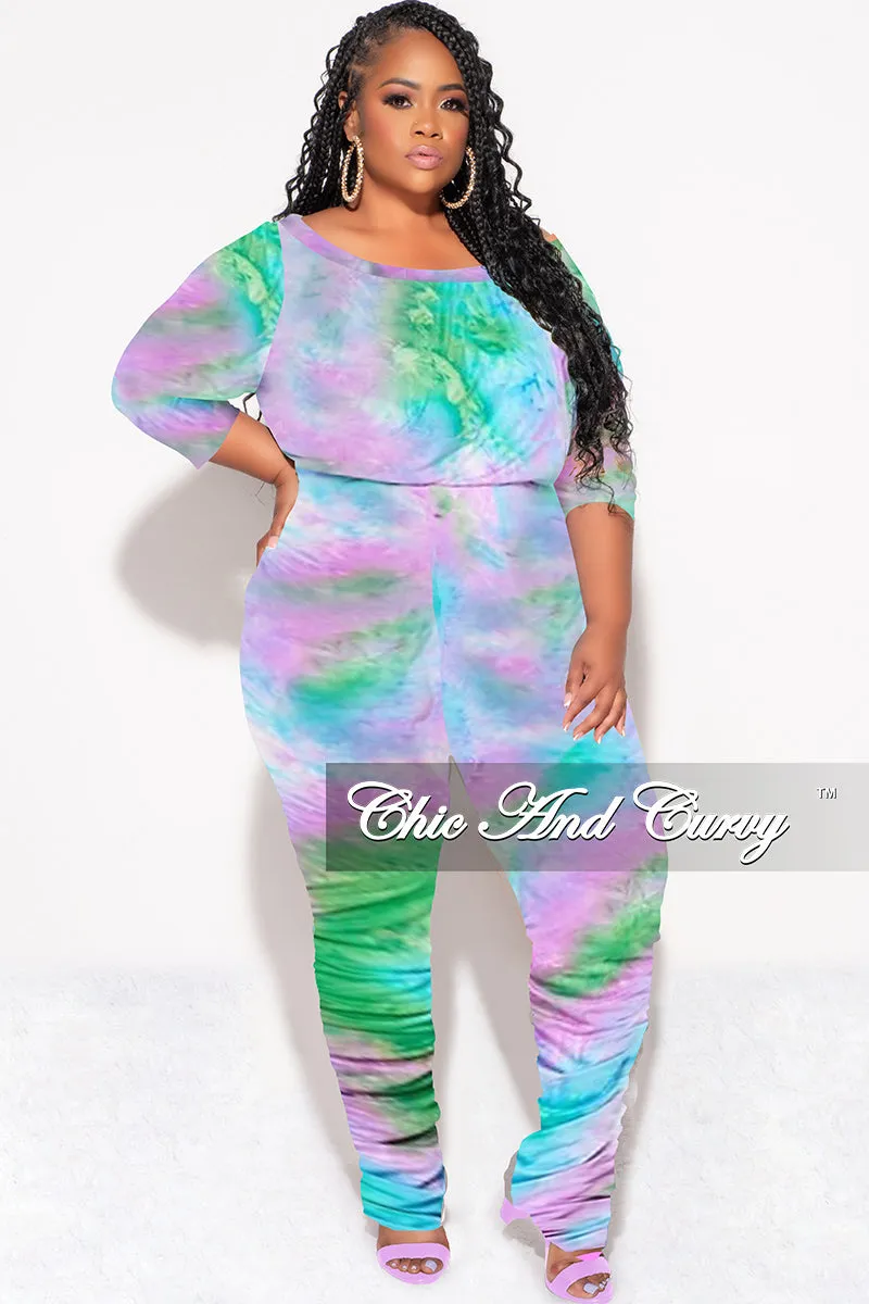 Final Sale Plus Size Jumpsuit with Ruched Legs in Purple, Green & Blue Tie Dye SecureZipperClosures Layered Look
