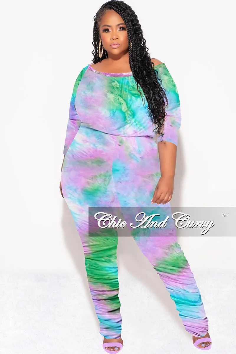 Convertible legs Final Sale Plus Size Jumpsuit with Ruched Legs in Purple, Green & Blue Tie Dye