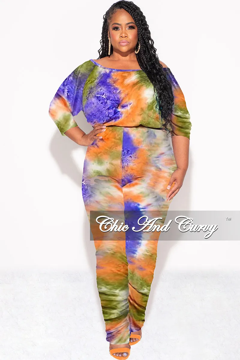 Stain Release Finish Layer Friendly Final Sale Plus Size Jumpsuit with Ruched Legs in Purple, Green, Orange Tie Dye