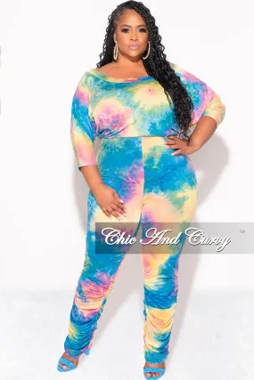 Clean Lines Light Design Final Sale Plus Size Jumpsuit with Ruched Legs in Rainbow Cloud Tie Dye Print