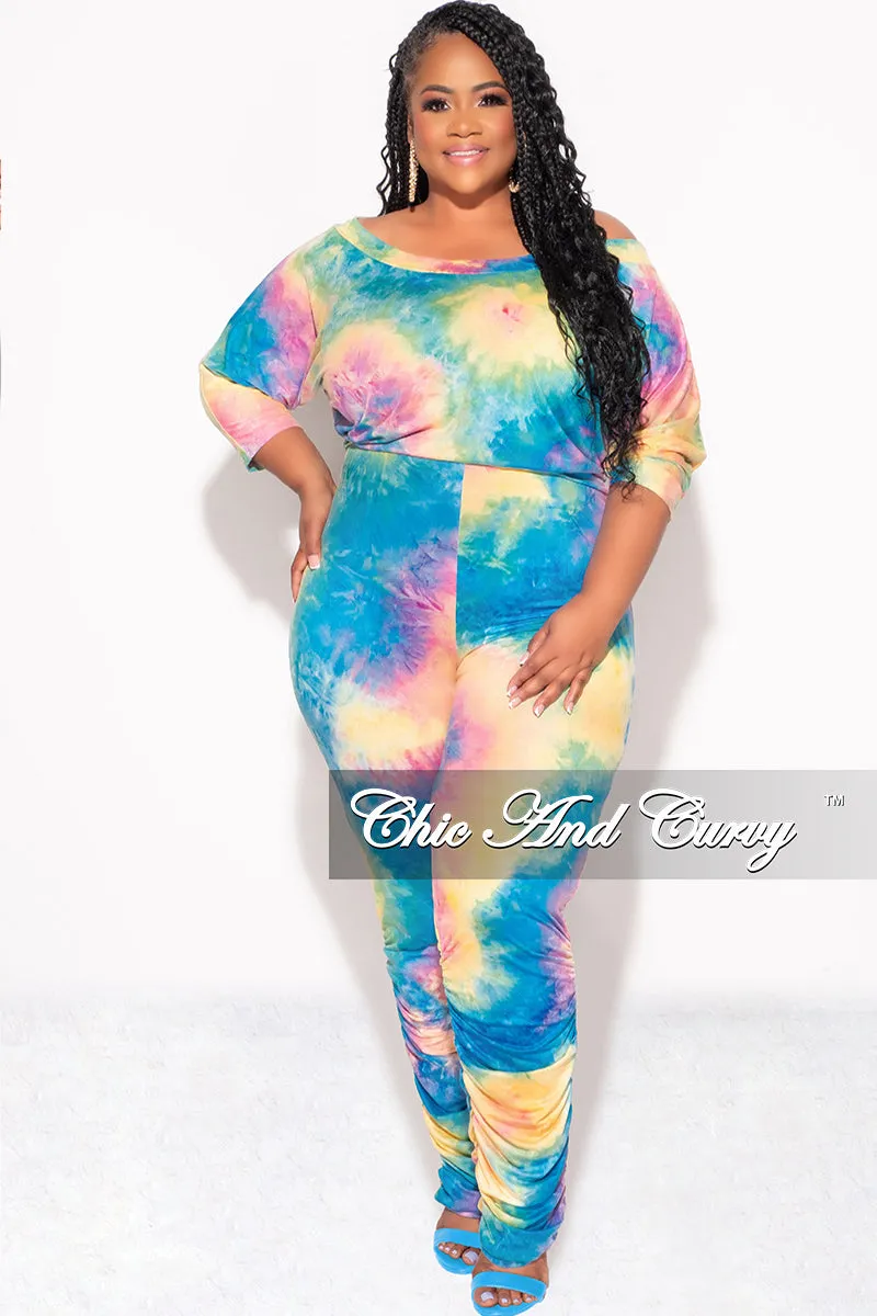 Final Sale Plus Size Jumpsuit with Ruched Legs in Rainbow Cloud Tie Dye Print Versatile Waist