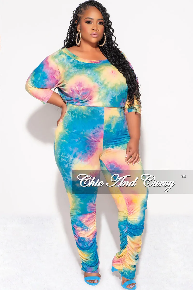 Final Sale Plus Size Jumpsuit with Ruched Legs in Rainbow Cloud Tie Dye Print Non-Binding Fit Tapered Look