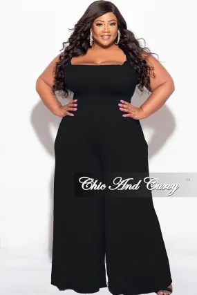 Final Sale Plus Size Jumpsuit with Smocking & Elastic Straps in Black Seam-Free