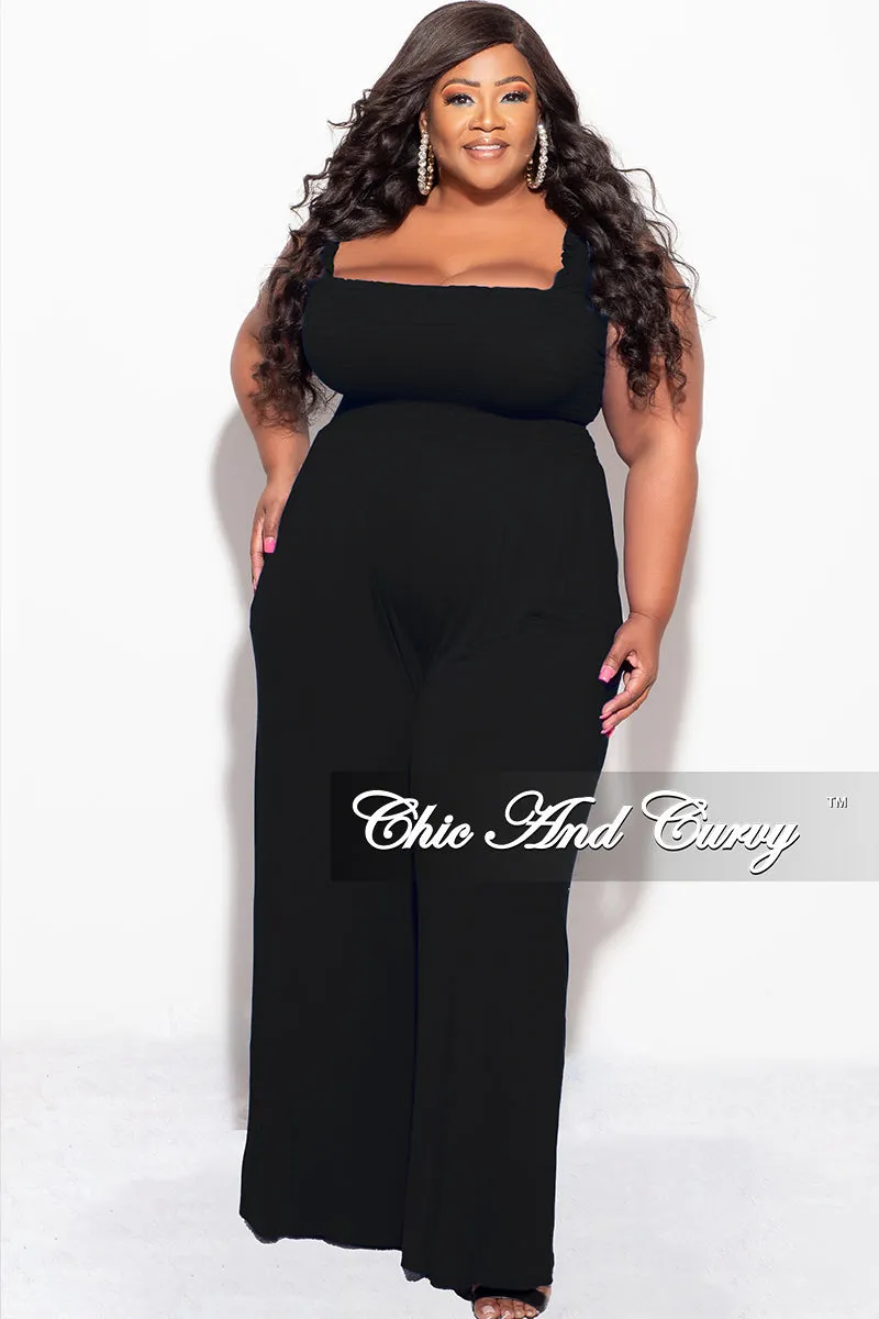 Soft Design Soft Brush Lining Final Sale Plus Size Jumpsuit with Smocking & Elastic Straps in Black