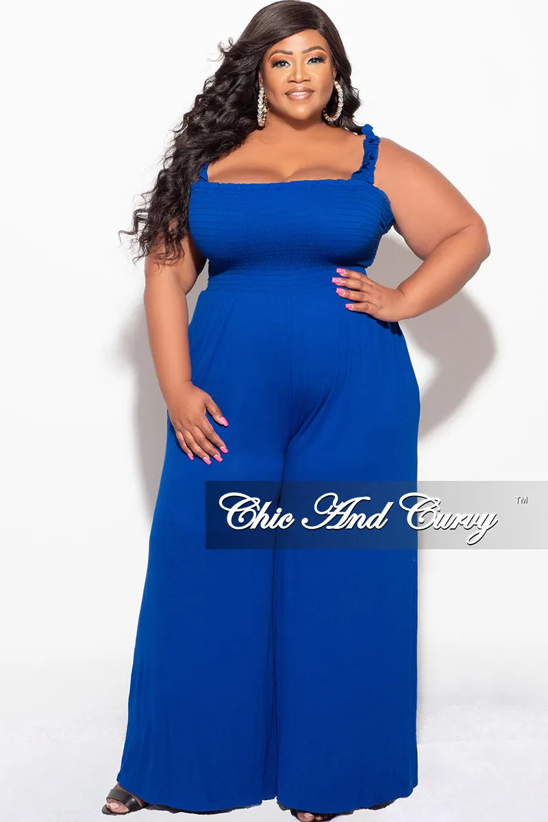 Flexible Seam Final Sale Plus Size Jumpsuit with Smocking & Elastic Straps in Blue