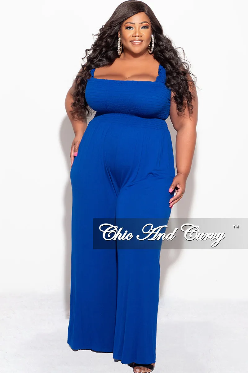 Final Sale Plus Size Jumpsuit with Smocking & Elastic Straps in Blue hypoallergenic Stretch Fit